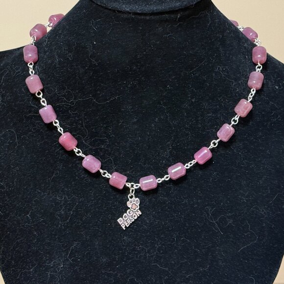 Genuine Magenta Chalcedony Short Necklace, Gemstone & Dog Person Paw Print Charm - Picture 3 of 14